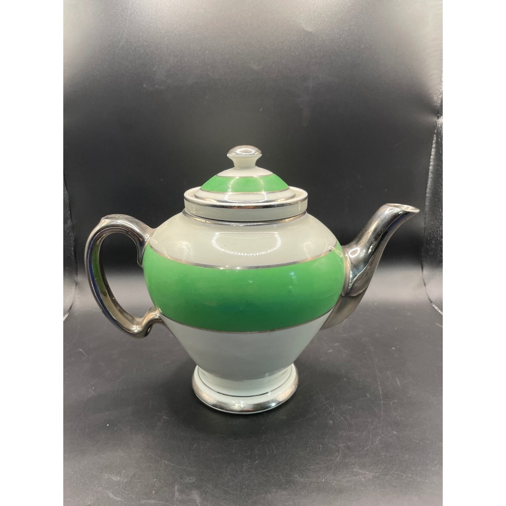 Vintage McCormick & Co Banquet Teas Green Silver Ceramic Teapot with Infuser